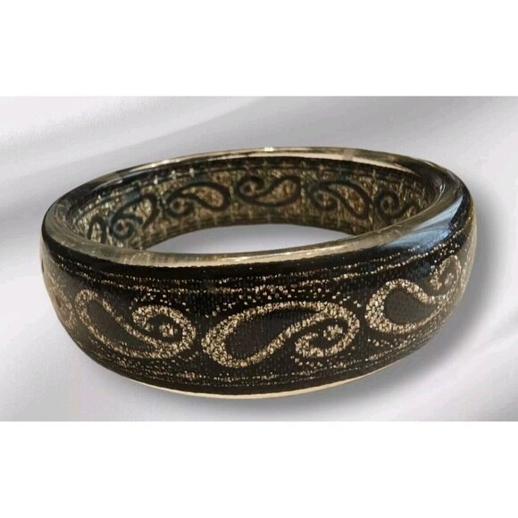 Lucite Bangle Bracelet Black Ribbon Metallic Gold Paisley Pattern Vintage 1980s - Picture 8 of 11